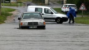 Inondation due aux intempéries à Fismes dans l'Est de la France le 15 juillet 2021.