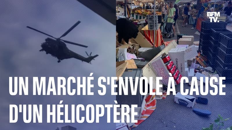 Les stands d'un marché s'envolent à cause d'un hélicoptère à basse altitude à Neuilly-sur-Seine