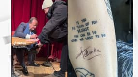 La phrase et la signature de François Hollande tatoués sur la jambe de "Solène la guêpe".