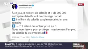 Coronavirus: Muriel Pénicaud annonce sur Twitter que "8 millions de salariés et 700.000 entreprises bénéficient du chômage partiel"