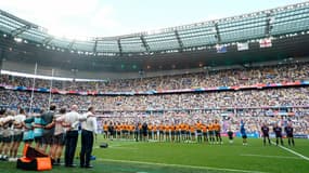 Les Australiens chantent leur hymne face à la Géorgie lors de la Coupe du monde de rugby au Stade de France, le 9 septembre 2023.