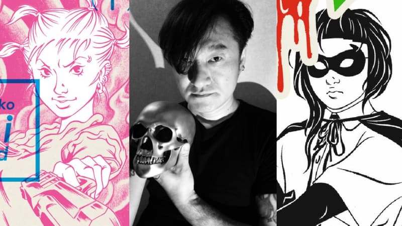 Le mangaka Atsushi Kaneko entouré des couvertures de ses mangas "Bambi" et "Evol"