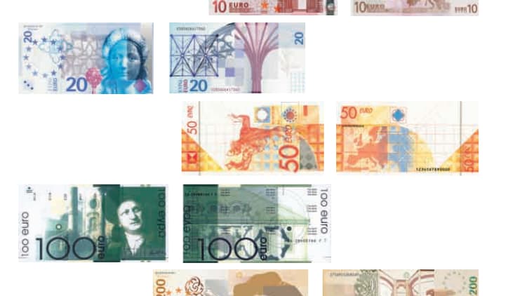 Exemples de maquettes envisagées pour le graphisme des billets en euro Exemples de maquettes envisagées pour le graphisme des billets en euro