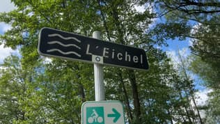 Un panneau au nom de la rivière Eichel, qui a débord pour inonder une partie de Diemeringen (Bas-Rhin)