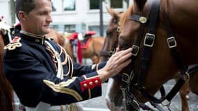 Un cavalier de la Garde républicaine prépare son cheval avant le défilé du 14 juillet 2014 sur les Champs-Elysées