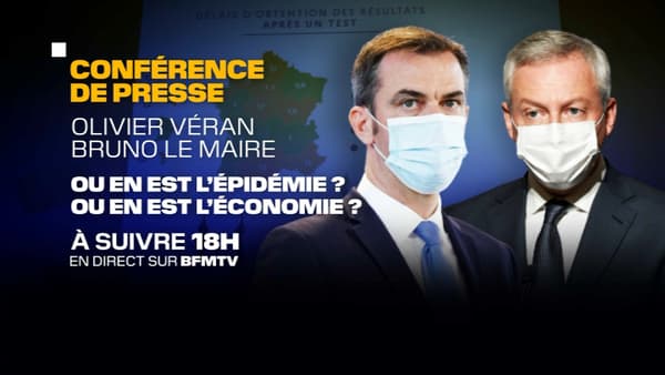 Olivier Véran et Bruno Le Maire tiendront une conférence de presse sur le Covid-19, le 8 octobre 2020. Olivier Véran et Bruno Le Maire tiendront une conférence de presse sur le Covid-19, le 8 octobre 2020.