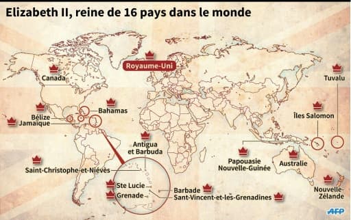 Carte montrant les pays qui ont Elizabeth II comme reine Carte montrant les pays qui ont Elizabeth II comme reine