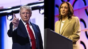 Donald Trump lors de la convention républicaine, à Milwaukee, le 19 juillet 2024, et Kamala Harris lors de la campagne présidentielle, à Philadelphie, le 13 juillet 2023.