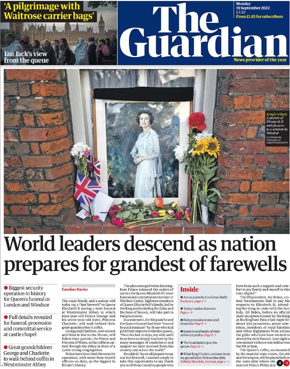 The cover of The Guardian from September 19, 2022