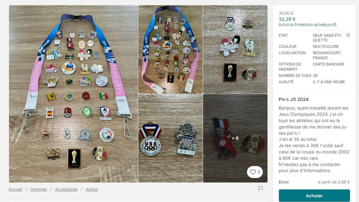 Des pin's distribués à l'occasion des Jeux olympiques de Paris 2024 en vente sur Vinted à la fin de la compétition, en août 2024.