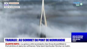 Au sommet du Pont de Normandie avec les cordistes