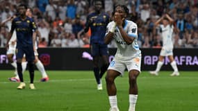 Elye Wahi après avoir manqué une occasion lors de OM-Reims, le 25 août 2024.