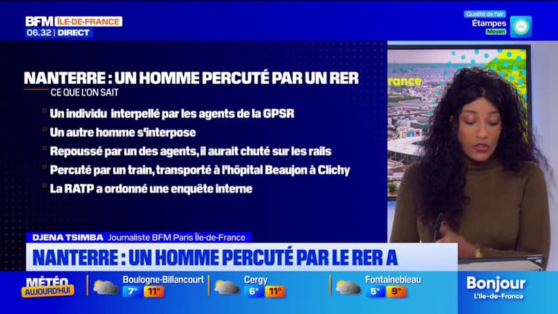 Nanterre: déséquilibré lors d'une intervention de la sûreté RATP, un homme a été percuté par un RER