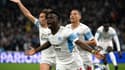 La joie de l'attaquant sénégalais de Marseille Bamba Dieng, après avoir ouvert le score contre Montpellier, en clôture de la 31e journée de Ligue 1, le 10 avril 2022 au Stade Vélodrome