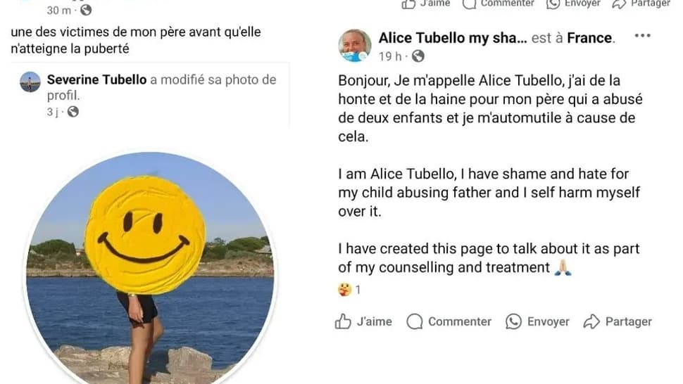 La fausse page Facebook usurpant l'identité d'Alice Tubello la faisant passer pour la victime d'un père qui serait pédophile, le 23 août 2024. La fausse page Facebook usurpant l'identité d'Alice Tubello la faisant passer pour la victime d'un père qui serait pédophile, le 23 août 2024.