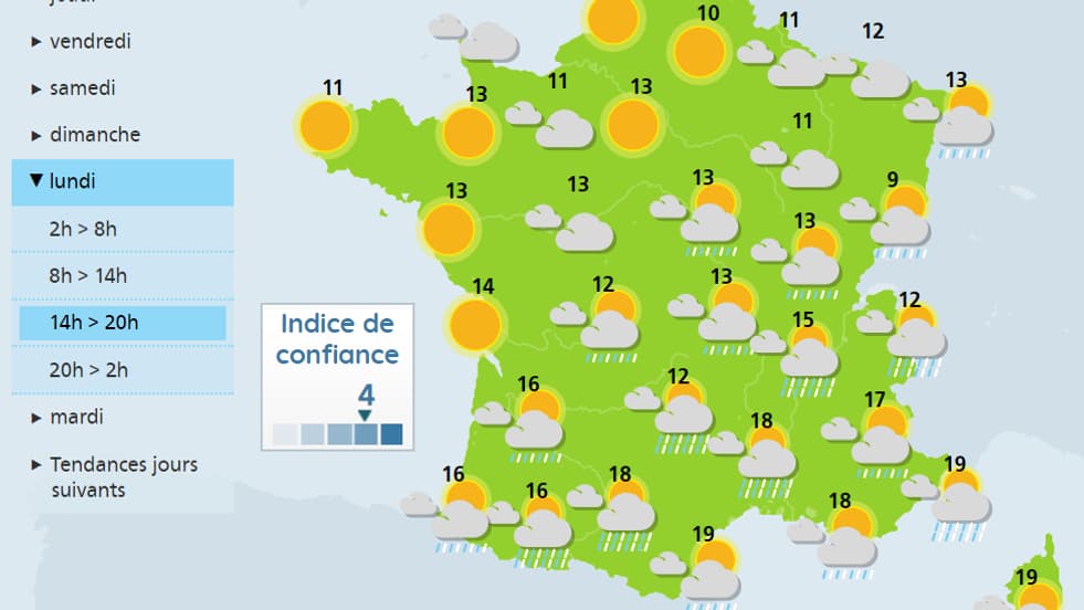 Les prévisions de Météo France pour le lundi 11 mai 2020. Les prévisions de Météo France pour le lundi 11 mai 2020.