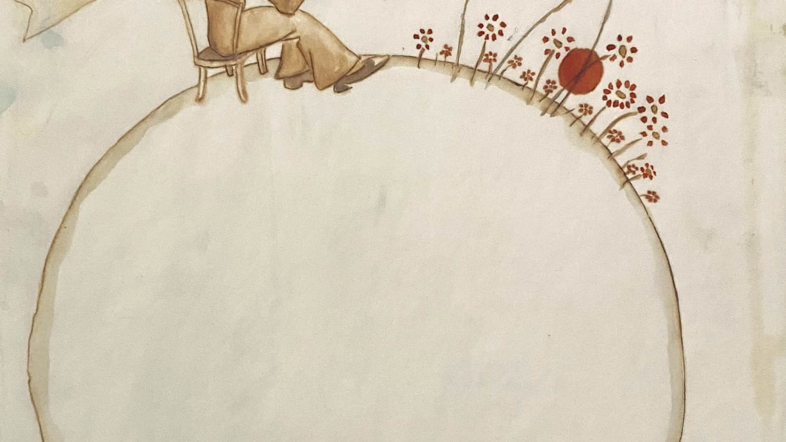 "Le petit prince assis sur son astéroïde, devant un parterre de fleurs" "Le petit prince assis sur son astéroïde, devant un parterre de fleurs"