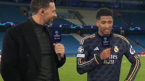 Rio Ferdinand, Jude Bellingham et Joleon Lescott, à Manchester le 17 avril 2024