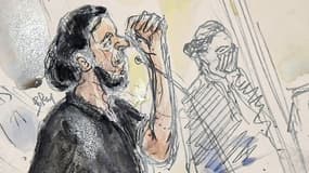 Croquis d'audience de Salah Abdeslam, le 8 septembre 2021, au premier jour du procès des attentats du 13 novembre 2015, à Paris.