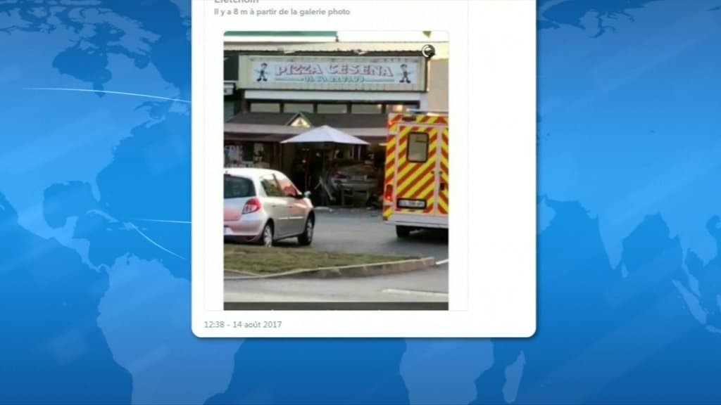 La voiture encastrée dans la pizzeria. La voiture encastrée dans la pizzeria.