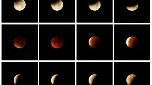 Un montage de 12 photos montrant l'éclipse lunaire vue de Gaiberg, près de Heidelberg en Allemagne le 28 septembre 2015 Un montage de 12 photos montrant l'éclipse lunaire vue de Gaiberg, près de Heidelberg en Allemagne le 28 septembre 2015
