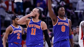 Jalen Brunson célèbre son panier à trois points de la gagne lors du match Detroit-New York (113-116, pkay-offs NBA), le 1er mai 2025