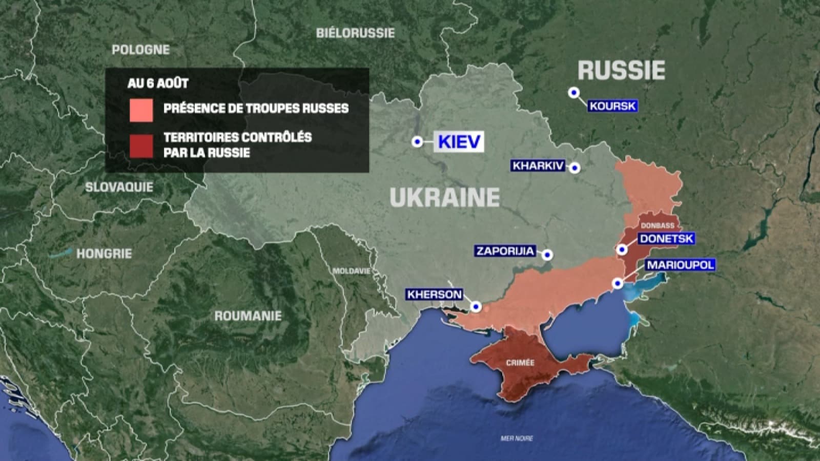 La carte du front de la guerre en Ukraine et l'emplacement de la ville de Koursk en Russie à la date du jeudi 8 août 2024 La carte du front de la guerre en Ukraine et l'emplacement de la ville de Koursk en Russie à la date du jeudi 8 août 2024