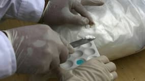 Des techniciens de la police testent la pureté du contenu d'un sac de cocaïne avant de le brûler à Lima, le 13 mai 2009
