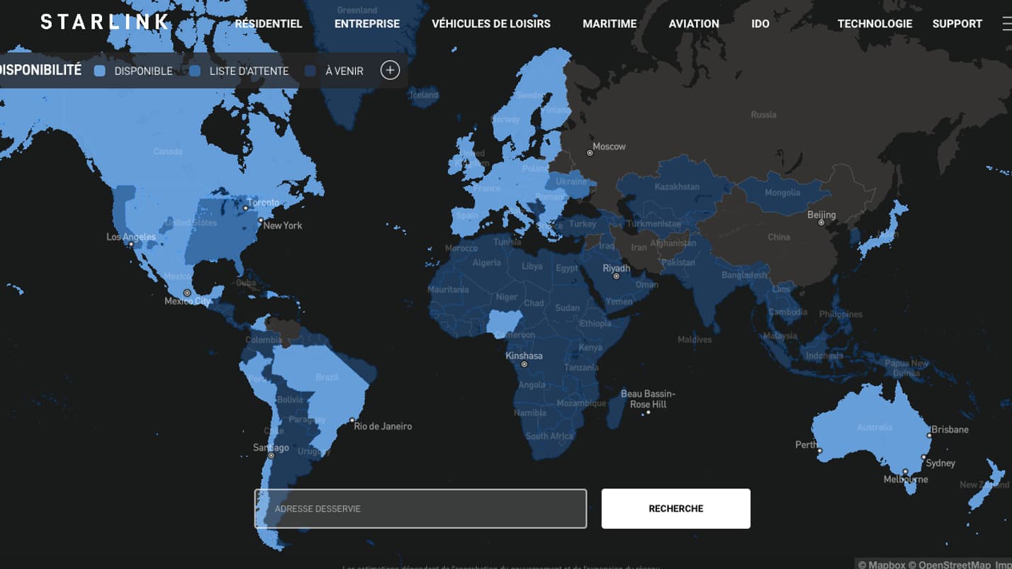 Carte des pays disposant du service Starlink