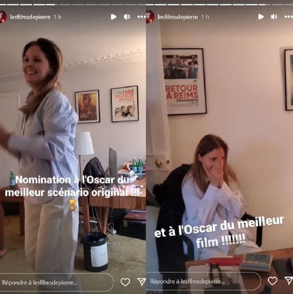 Justine Triet apprenant avec joie et émotion le 23 janvier 2024 les cinq nominations aux Oscars de son film "Anatomie d'une chute"