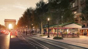 Les nouvelles terrasses des Champs-Élysées, installées à partir du printemps 2024 à Paris.