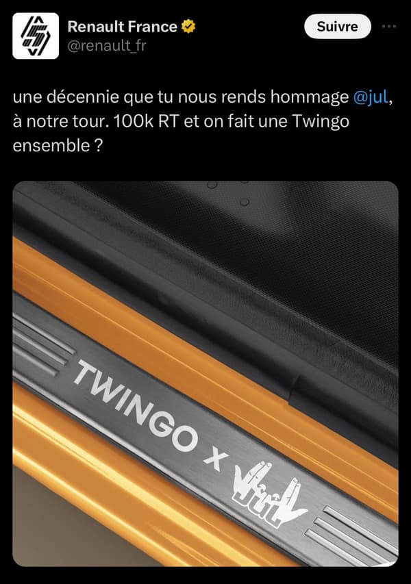 Le tweet proposant à Jul une édition spéciale de la Twingo a depuis été supprimé par Renault 