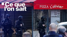 Des policiers devant la pizzeria où un homme s'est retranché à Issy-les-Moulineaux, près de Paris, le 16 novembre 2024.