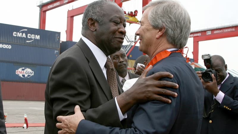 Vincent Bolloré avec le président ivoirien Laurent Gbagbo à Abidjan en 2008