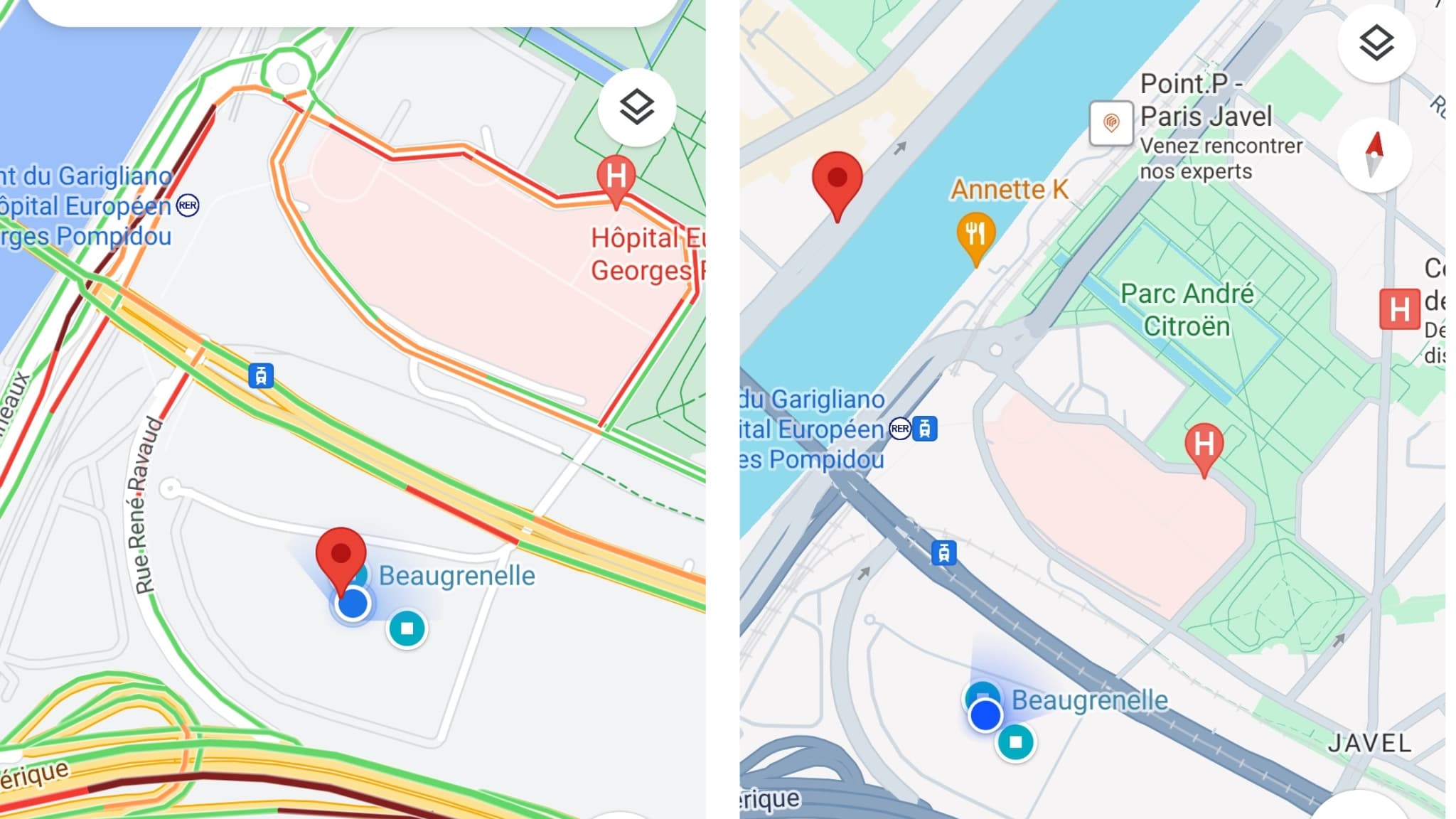 A gauche, la carte avec l'ancienne version de Google Maps. A droite, la carte avec la nouvelle mise à jour de Google Maps. A gauche, la carte avec l'ancienne version de Google Maps. A droite, la carte avec la nouvelle mise à jour de Google Maps.