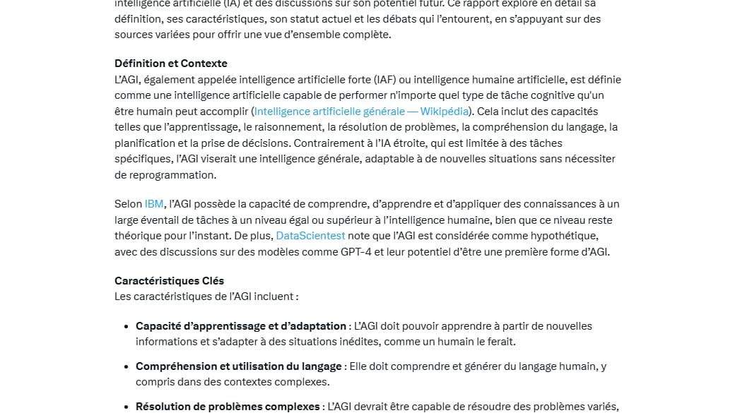 Après avoir fourni quelques informations, Deepsearch propose un rapport détaillé pour répondre à la requête de l'internaute.