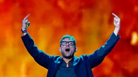 Le chanteur de Blur Damon Albarn lors d'un concert du groupe au festival des Vieilles Charrues, le 14 juillet 2023 en Bretagne