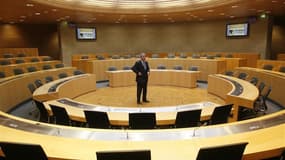 Hémicycle du Conseil régional d'Alsace, à Strasbourg. L'organisation d'un référendum en Alsace sur la fusion de la région et des deux départements a été approuvée vendredi par les trois assemblées, mais les socialistes strasbourgeois et le Front national