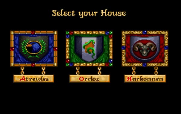 Le choix entre les 3 maisons sur le jeu Dune 2.