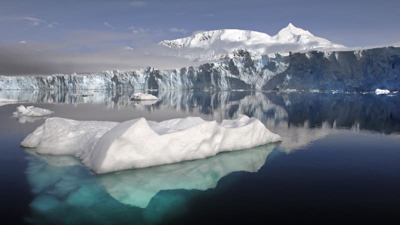 Le glacier Sheldon Glacier et le mont  Barre en arrière-plan, depuis la Ryder Bay près de la station de recherche britannique de Rothera, sur l'Ile d'Adélaïde, Antarctique.