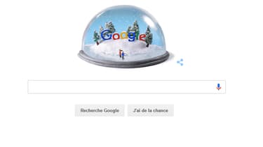 Le doodle du jour est une boule de neige dans laquelle patinent deux amoureux.