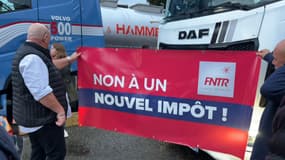 Les routiers se sont mobilisés dans le cadre d'une opération escargot de grande ampleur pour protester contre le projet d'écotaxe poids lourd de la Collectivité européenne d'Alsace, le 7 octobre 2024. 