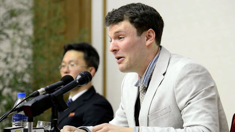 Photo d'Otto Warmbier en Corée du Nord, lors d'une conférence de presse, le 29 février 2016, alors qu'il était encore détenu.