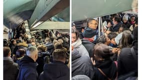 Des usagers du RER A entassés dans les transports de région parisienne mi-décembre 2021.