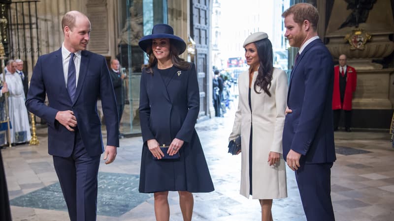 Le prince William, Kate Middleton, Meghan Markle et le prince Harry à Londres en mars 2018