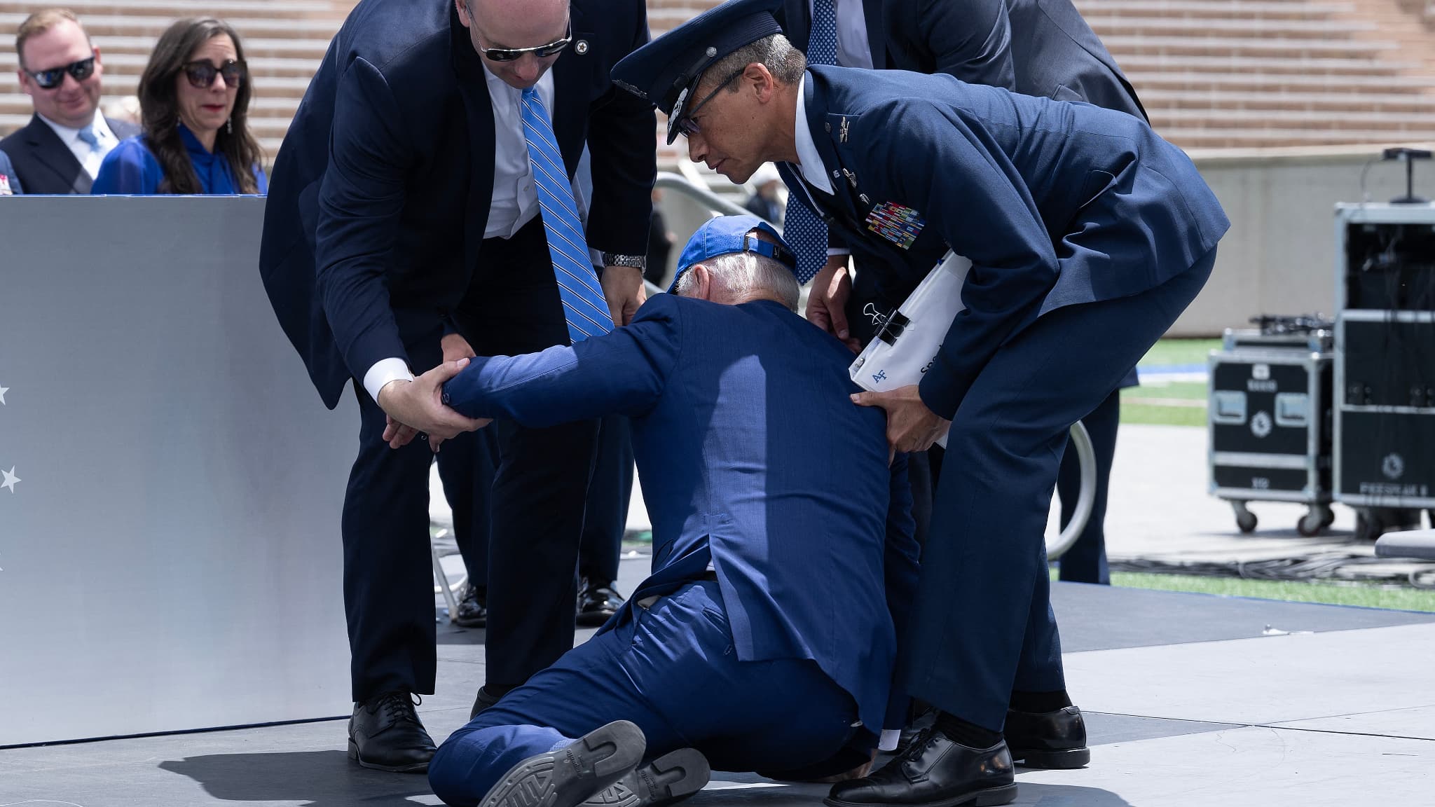 President Joe Biden Falls on Stage During US Air Force Event