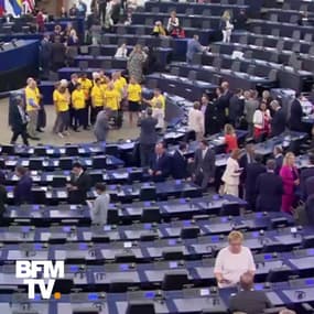 Des députés britanniques arrivent au Parlement européen avec des t-shirts "Stop Brexit"