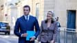 Jordan Bardella, président du Rassemblement national (RN), et Marine Le Pen, présidente du groupe parlementaire du parti, après une réunion avec le Premier ministre à l'Hôtel de Matignon à Paris, le 17 septembre 2025. 