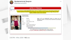 Appel à témoin diffusé par la gendarmerie de l'Aveyron dimanche 4 février 2024 après la disparition de Colette Burguière, 70 ans. 