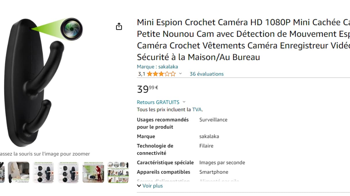 L'une des caméras espion vendues sur la plateforme Amazon L'une des caméras espion vendues sur la plateforme Amazon